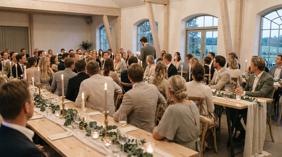Bryllupsgæster lytter til en tale ved langbord med lys og eukalyptus
