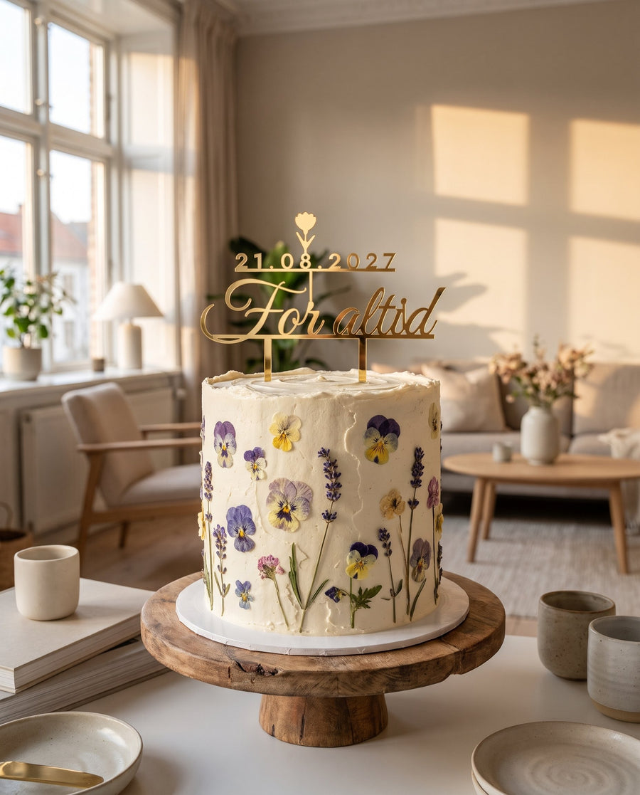 Krokus: cake topper i akryl med »For altid«, dato og krokus – i brug