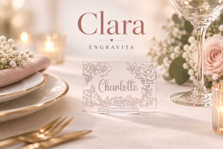Clara – romantiske bordkort i akryl til bryllup – minimalistisk produktplakat