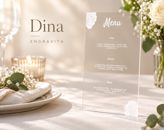 Dina – enkelt menukort i akryl til bryllup – minimalistisk produktplakat