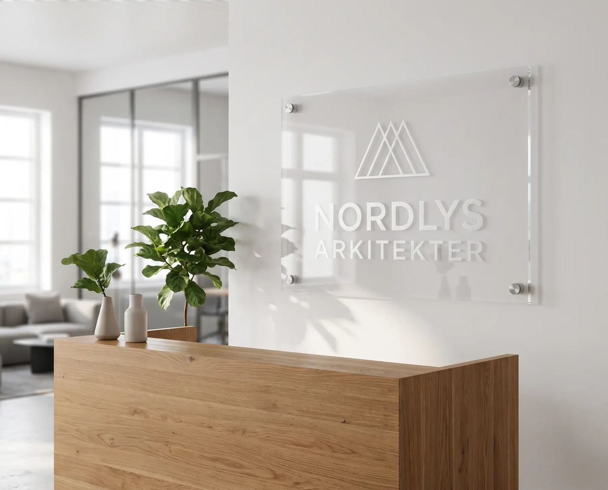 Logoskilt i klar akryl på væggen bag en reception