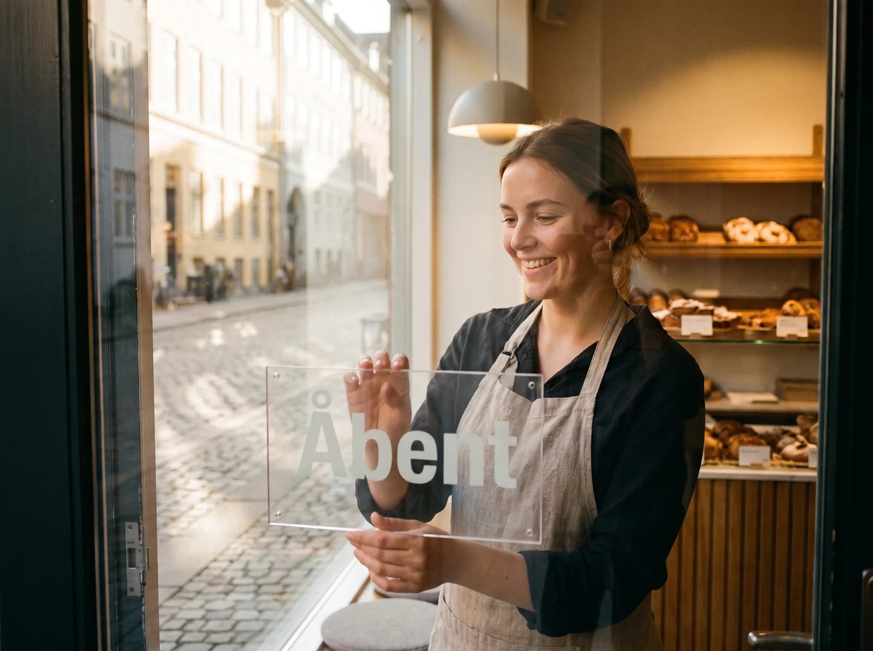 En smilende bagerejer hænger et skilt i klar akryl med teksten Åbent op i døren til sit bageri i København
