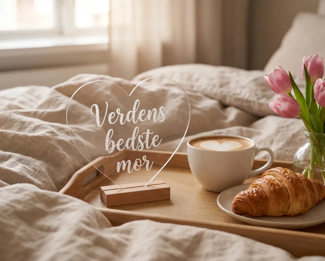 Hjerte i klar akryl med Verdens bedste mor på en morgenmadsbakke med kaffe, croissant og tulipaner