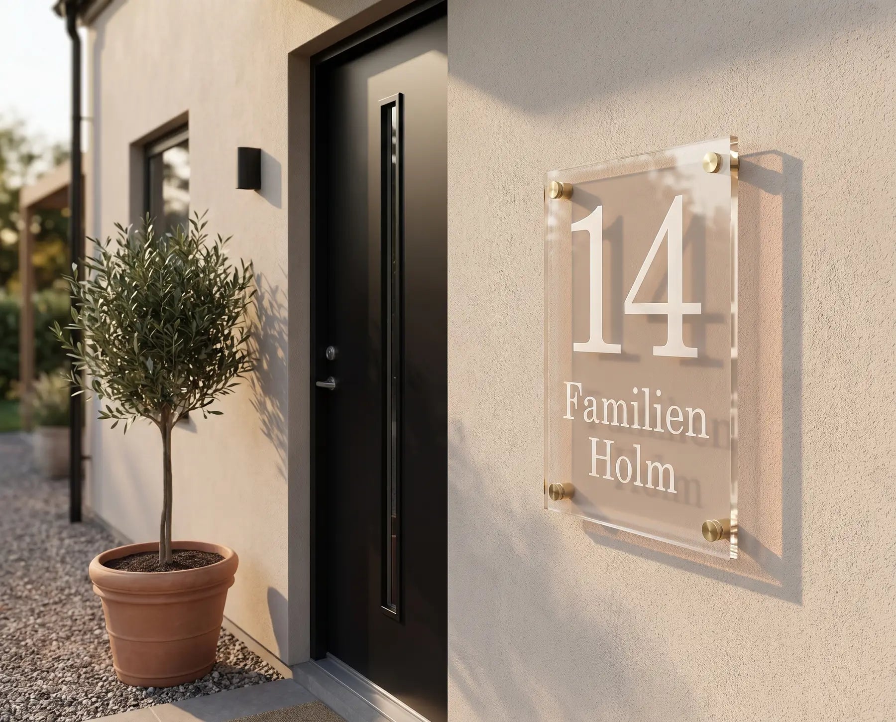 Husskilt i klar akryl med husnummer 14 og Familien Holm monteret ved en hoveddør