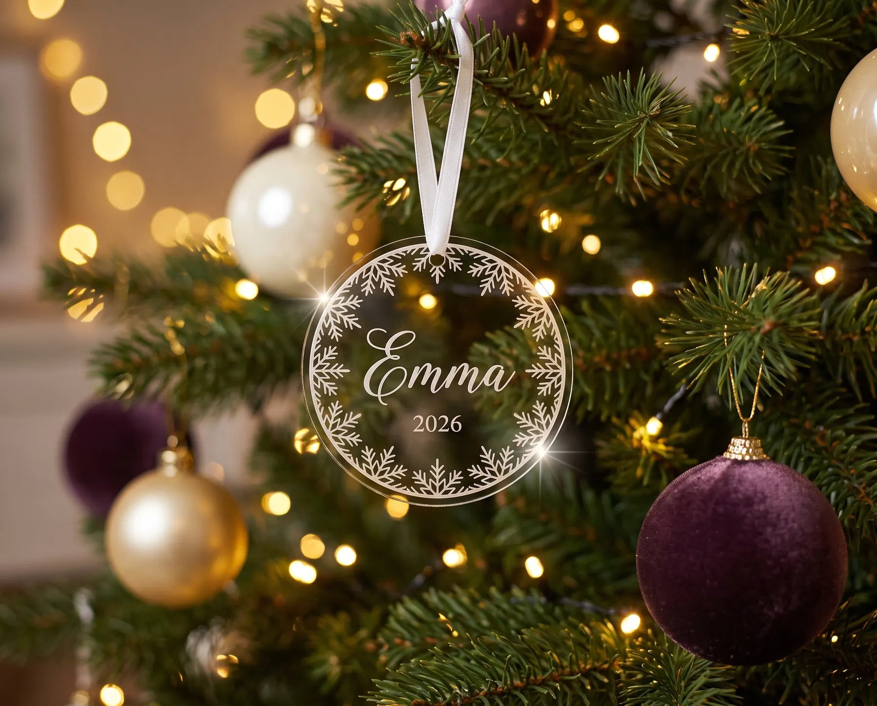 Rund julekugle i klar akryl med navnet Emma og 2026 graveret, hængende på et juletræ