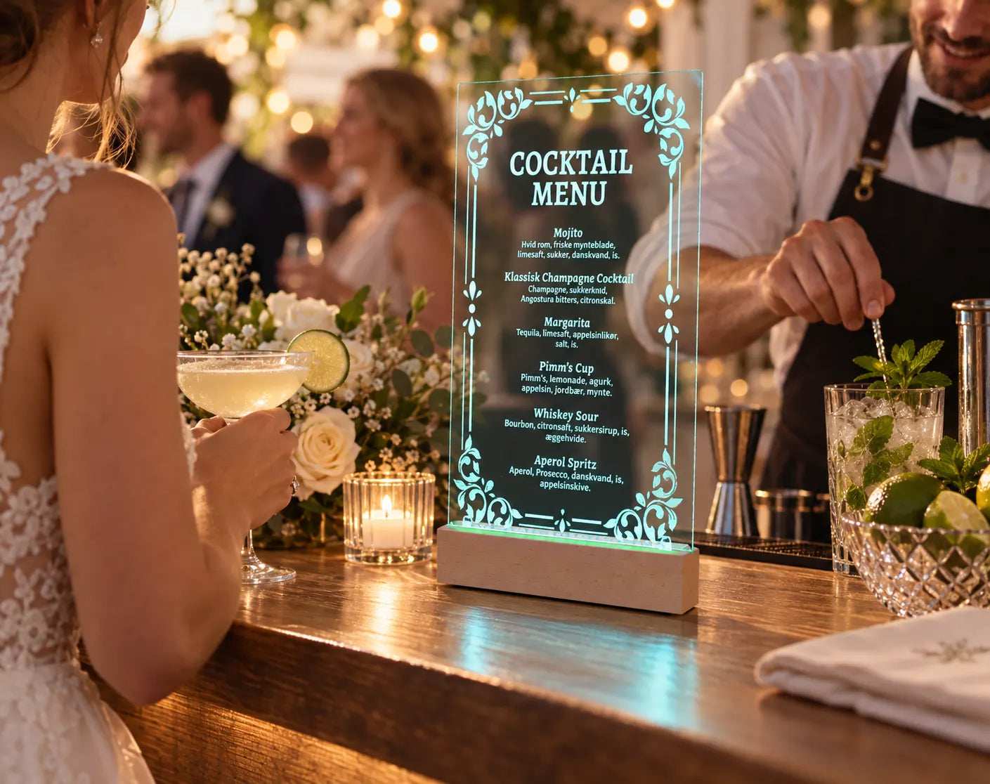 Stella drinksmenu i akryl med LED-lys i baren til et bryllup