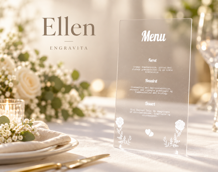 Ellen – gennemsigtigt menukort i akryl til bryllup – minimalistisk produktplakat