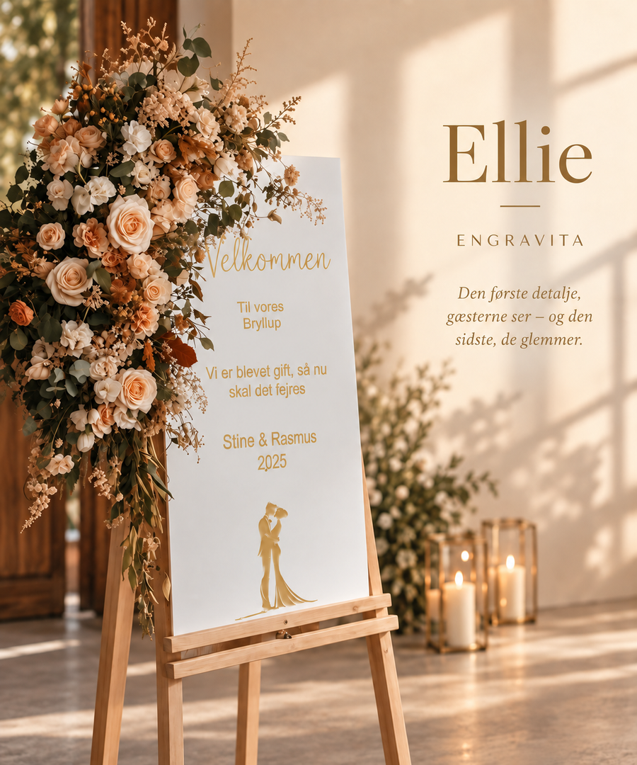 Ellie – velkomstskilt i mat akryl med gyldne bogstaver – minimalistisk produktplakat