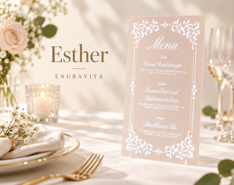 Esther – frostet menukort i akryl til bryllup – minimalistisk produktplakat
