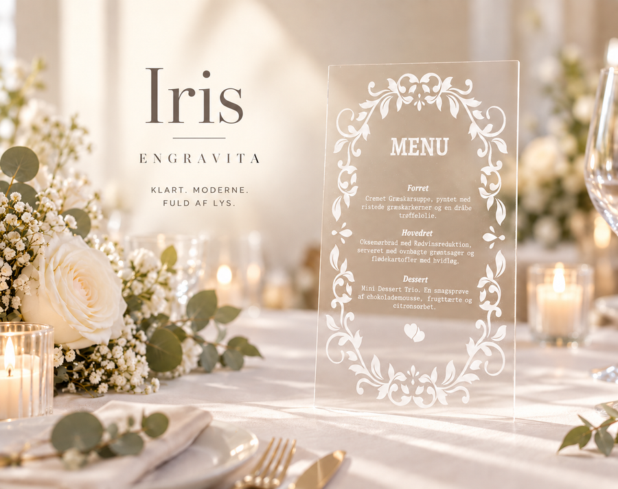 Iris – transparent menukort i akryl til bryllup – minimalistisk produktplakat
