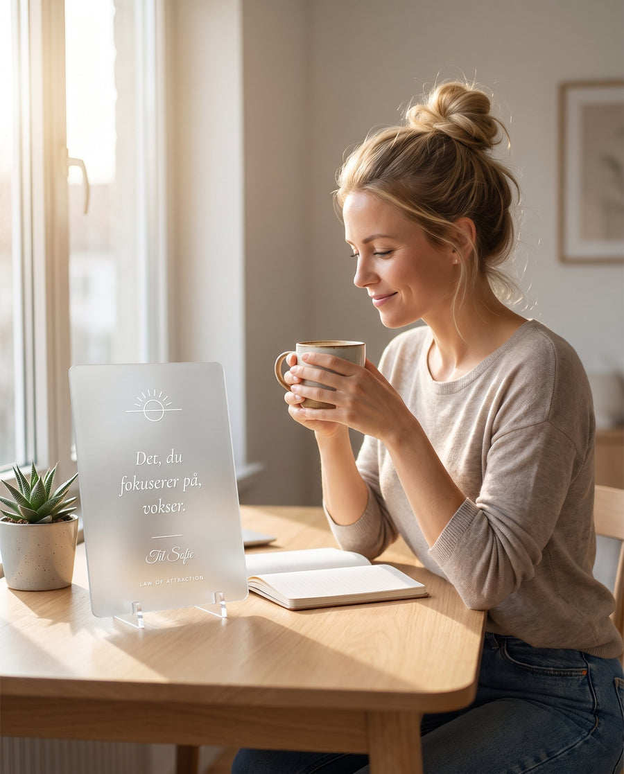 Kvinde ved skrivebordet med Fokus skilt »Det, du fokuserer på, vokser.« i frosted akryl