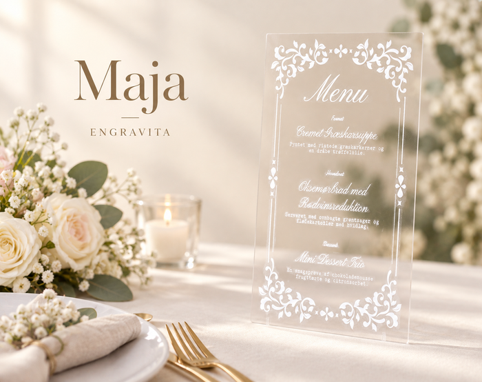 Maja – moderne menukort i akryl til bryllup – minimalistisk produktplakat