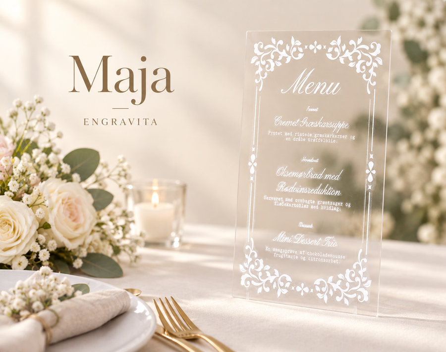 Maja – moderne menukort i akryl til bryllup – minimalistisk produktplakat