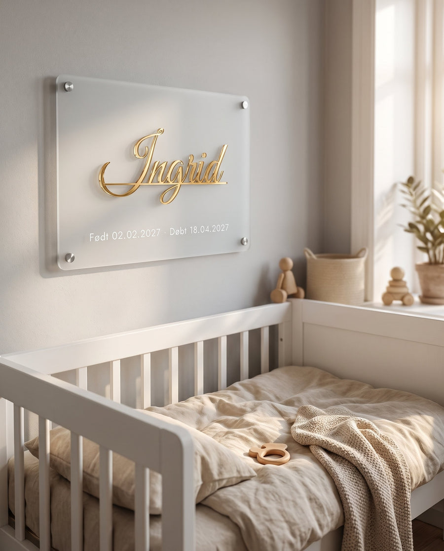Svane: navneskilt i frosted akryl med navn i guld og dåbsdato – i brug