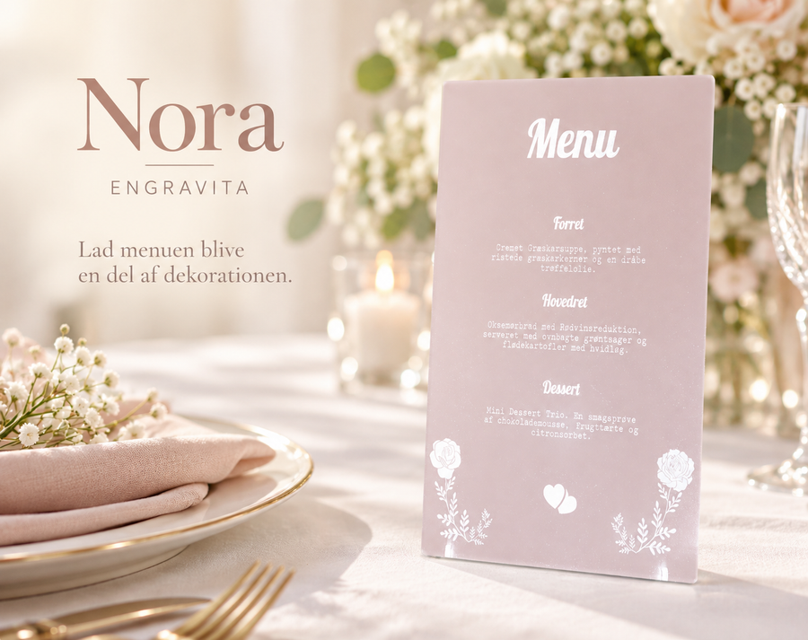Nora – frostet menukort i akryl til bryllup – minimalistisk produktplakat