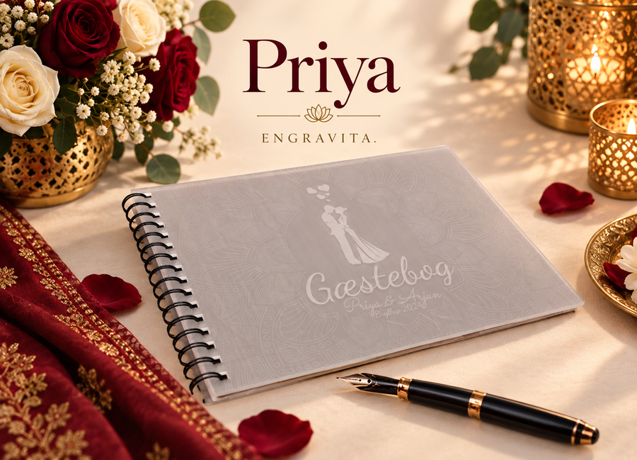 Priya – indisk-inspireret gæstebog i frostet akryl til bryllup – minimalistisk produktplakat