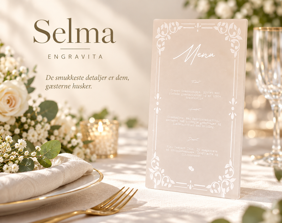 Selma – frostet menukort i akryl til bryllup – minimalistisk produktplakat