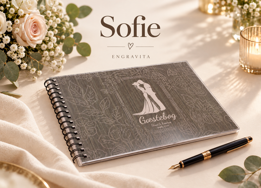 Sofie – gæstebog i klar akryl med træmotiv til bryllup – minimalistisk produktplakat