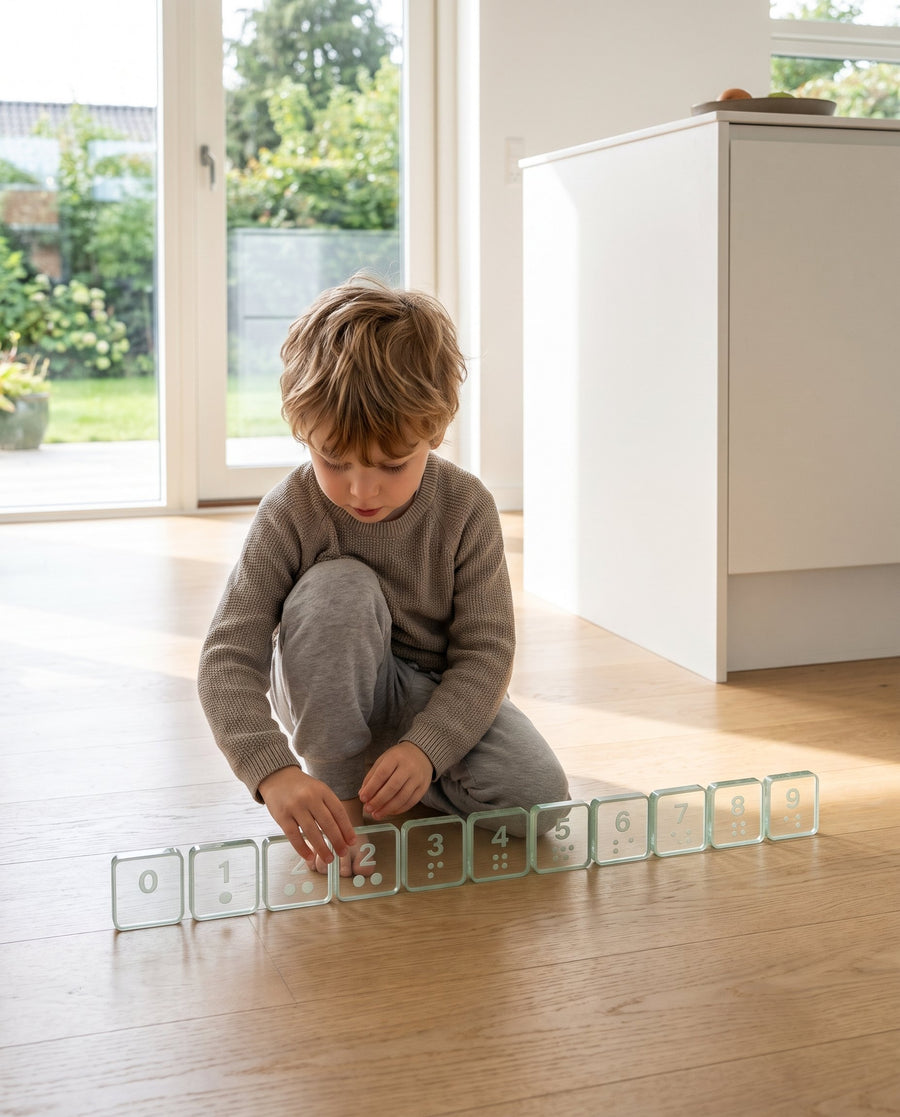 Kalv: talklodser fra 0 til 9 i 10 mm glass look akryl – i brug