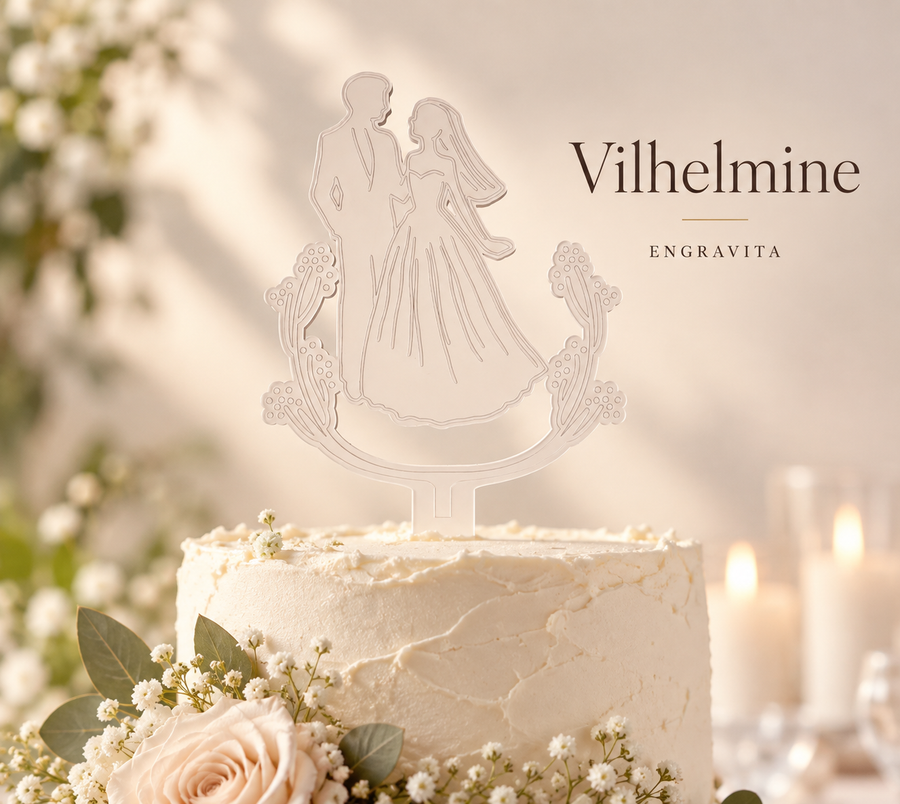 Vilhelmine – elegant kagetop i mat akryl til bryllup – minimalistisk produktplakat